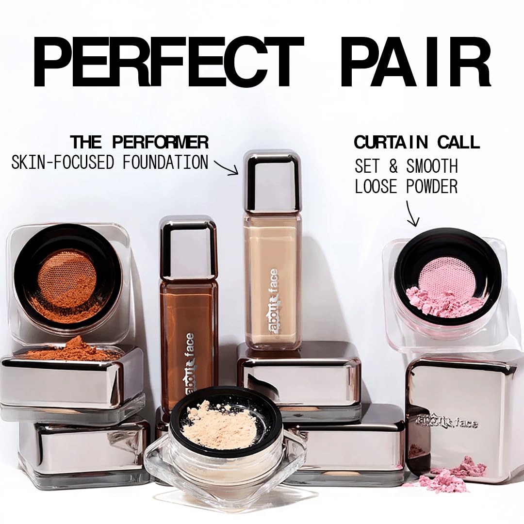 aboutface powder inside a makeup bag mid-touch-up, longwear freshness benefit
