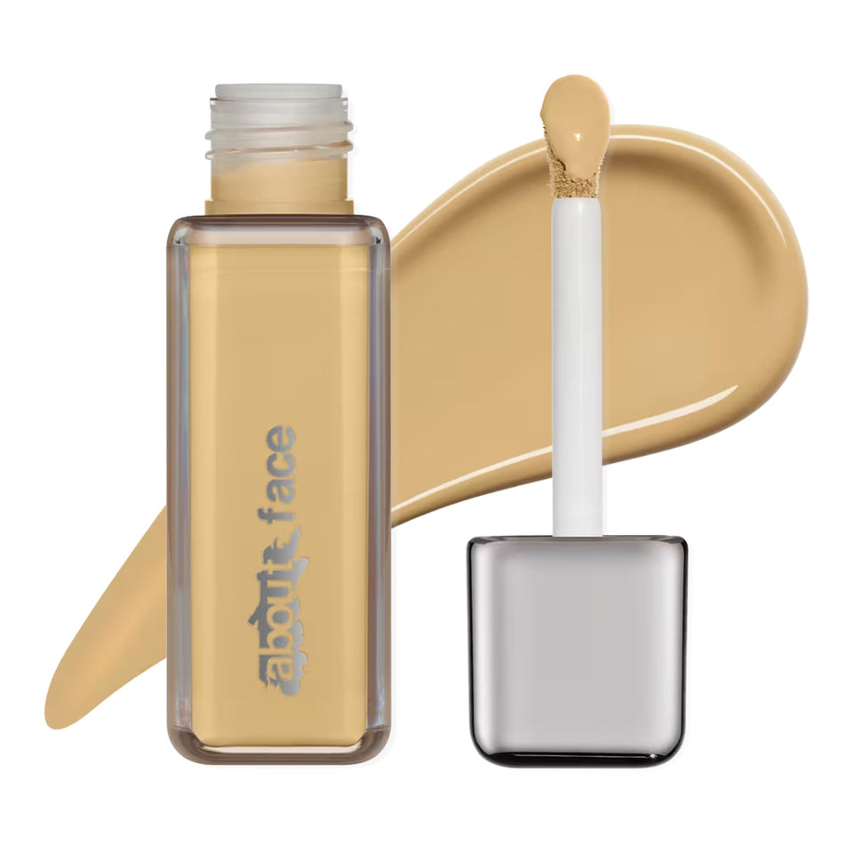 aboutface front packaging showing bottle and label, clear presentation benefit