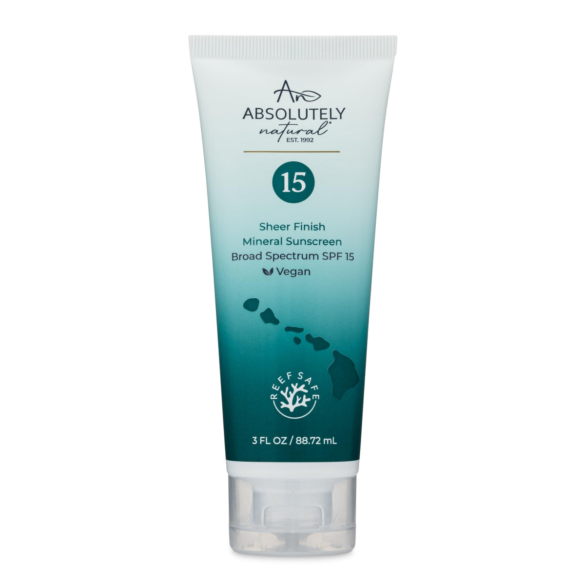 Absolutely Natural front label of 3 oz tube showing SPF and benefits