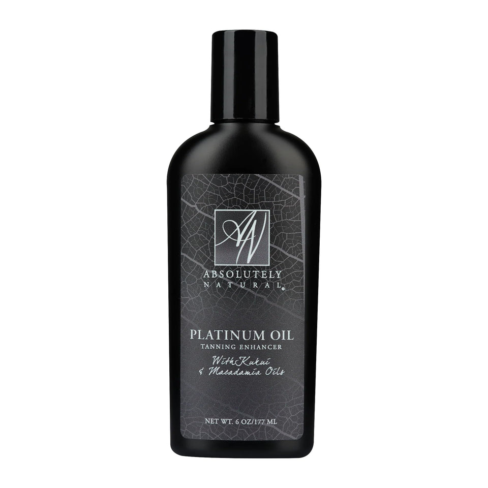 Absolutely Natural front bottle view showing 6oz spa-quality tanning oil benefit