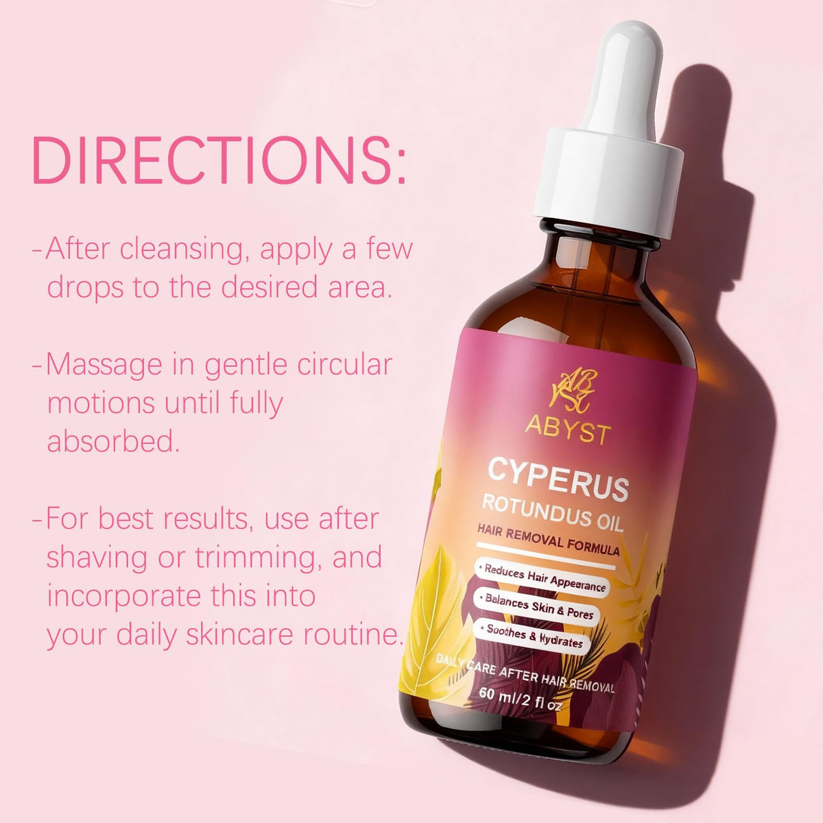 ABYST label close-up highlighting pure Cyperus rotundus ingredient clarity