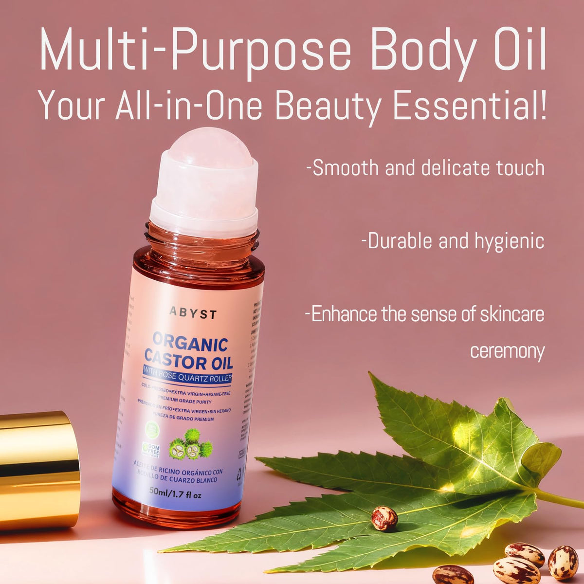 abyst rose quartz rollerball closeup highlighting cool calming massage benefit