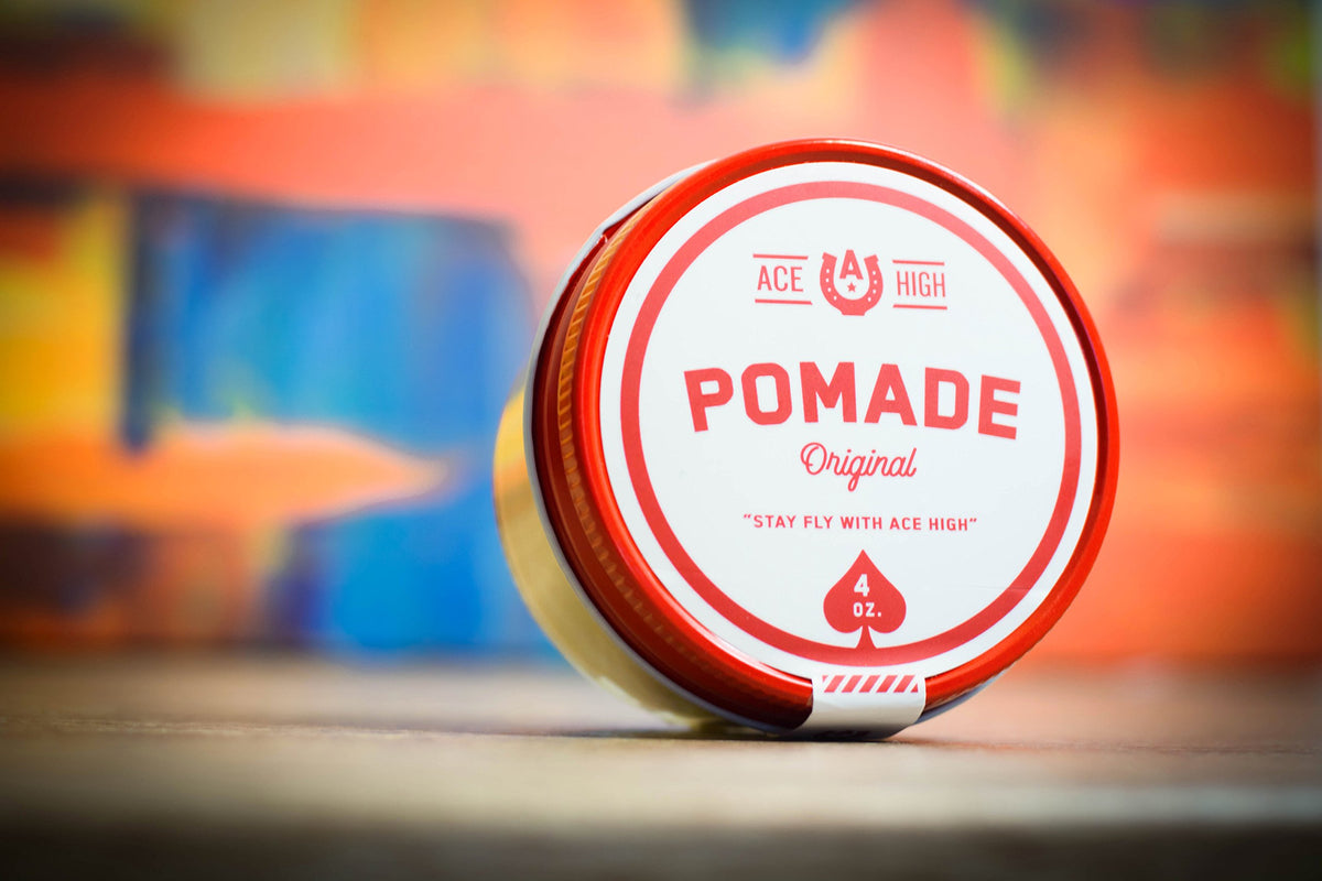 ace high pomade on bathroom shelf with styling tools showing everyday use