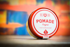 ace high pomade on bathroom shelf with styling tools showing everyday use