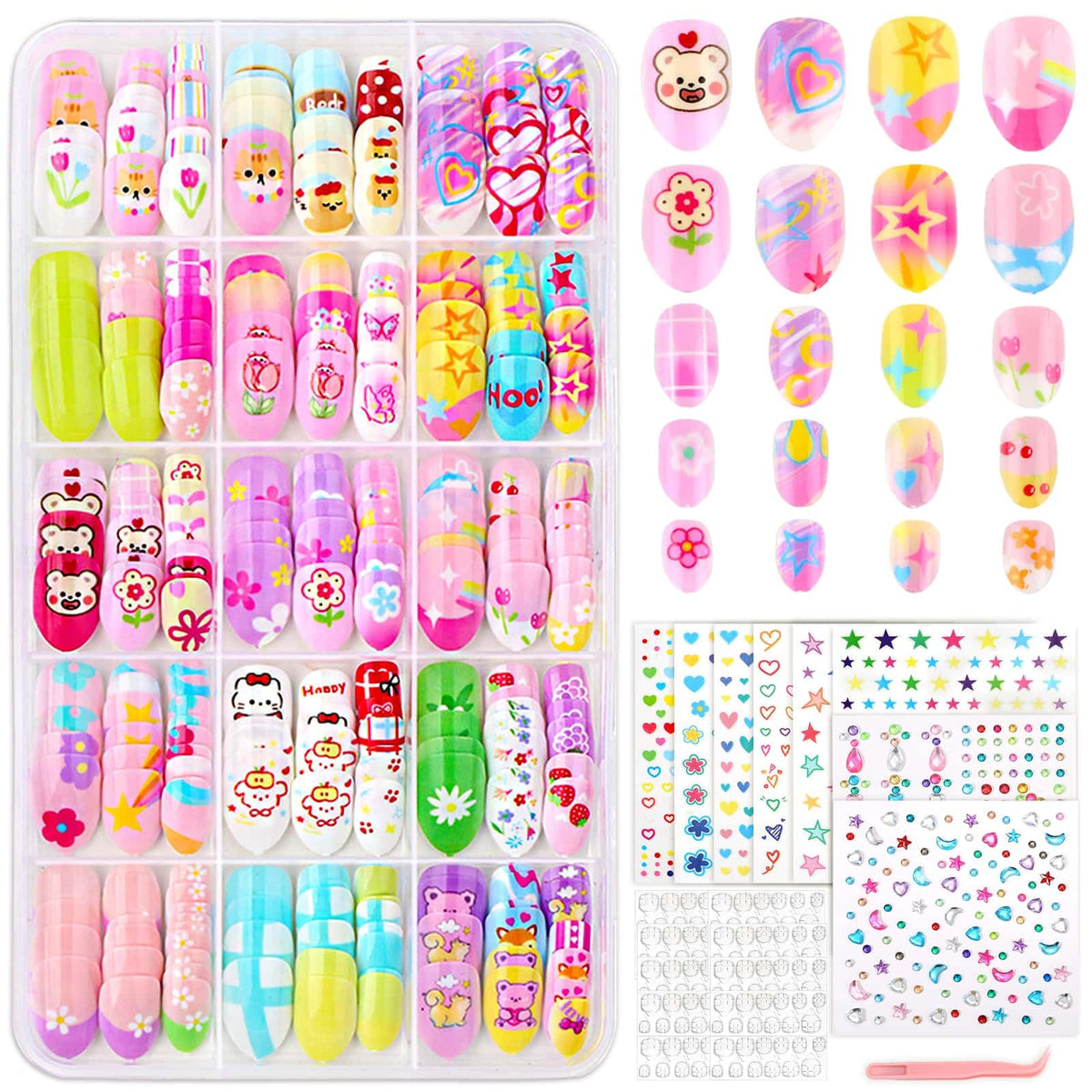 Acejoz front packaging showing full 360-piece kids nail kit and contents