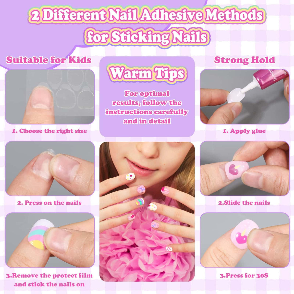 Acejoz press-on nails on child hands demonstrating quick application