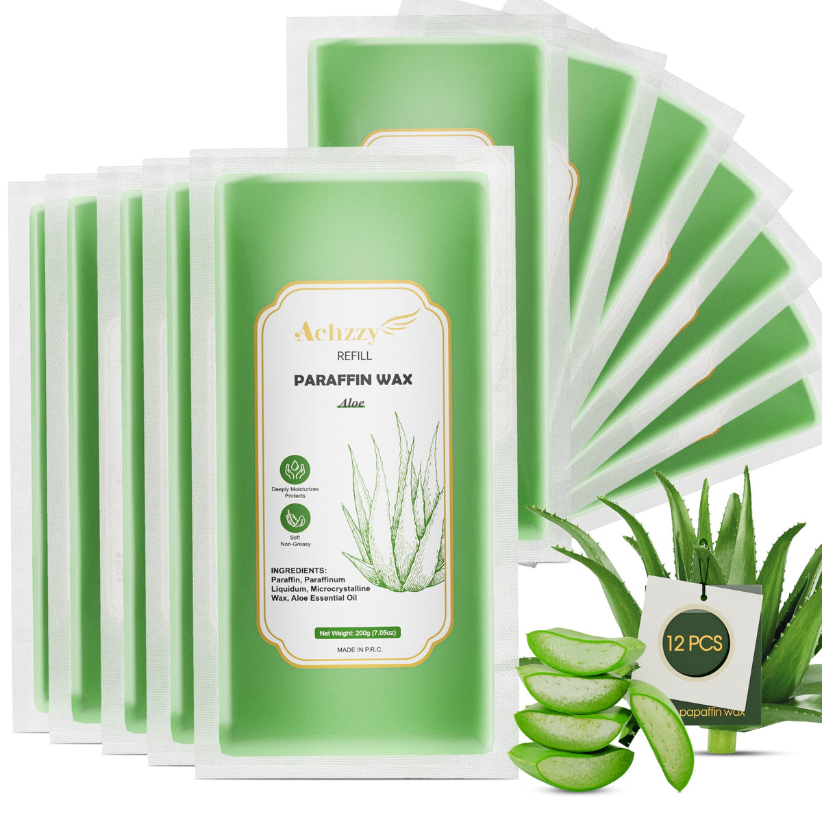 Achzzy front packaging showing 12 aloe paraffin blocks and value pack benefit