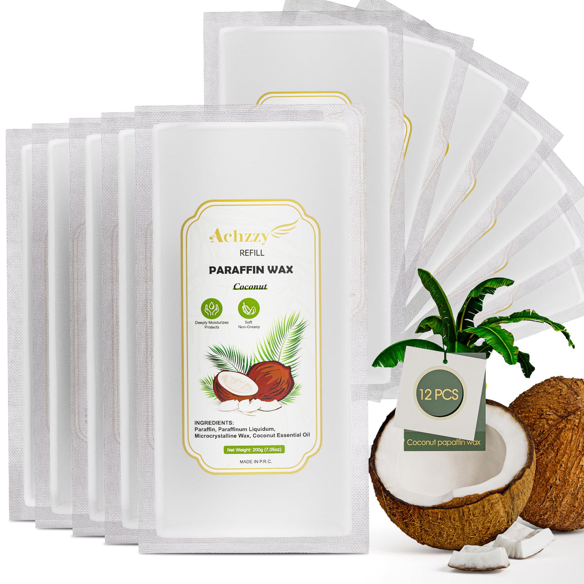 Achzzy front packaging showing 12 coconut paraffin blocks and clear labeling, easy storage benefit