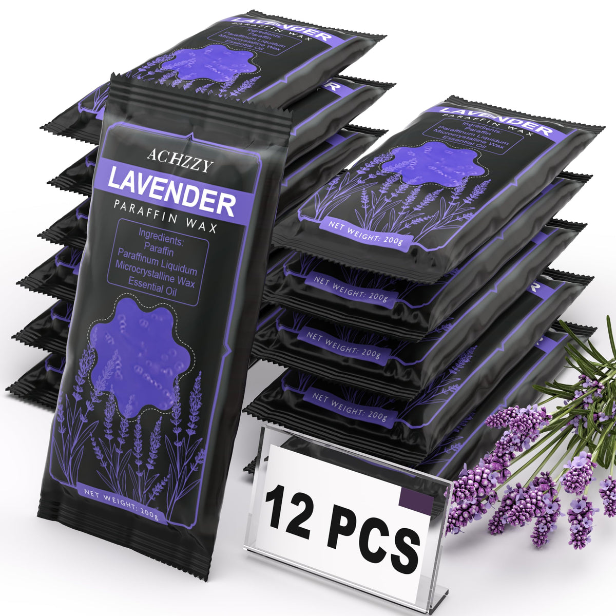 Achzzy front packaging showing 12-pack lavender paraffin and value