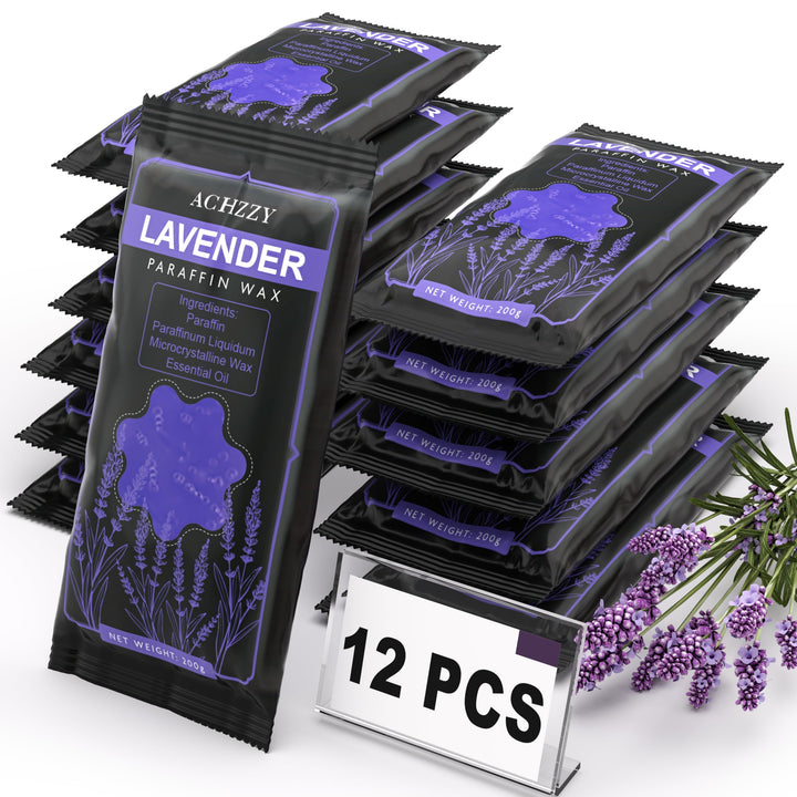 Achzzy front packaging showing 12-pack lavender paraffin and value