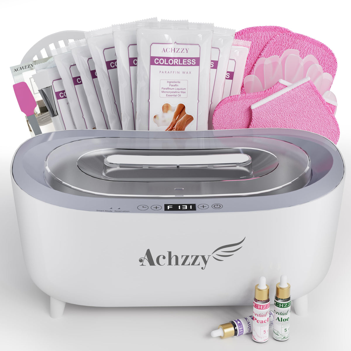 Achzzy front view with lid showing professional wax warmer and easy setup benefit