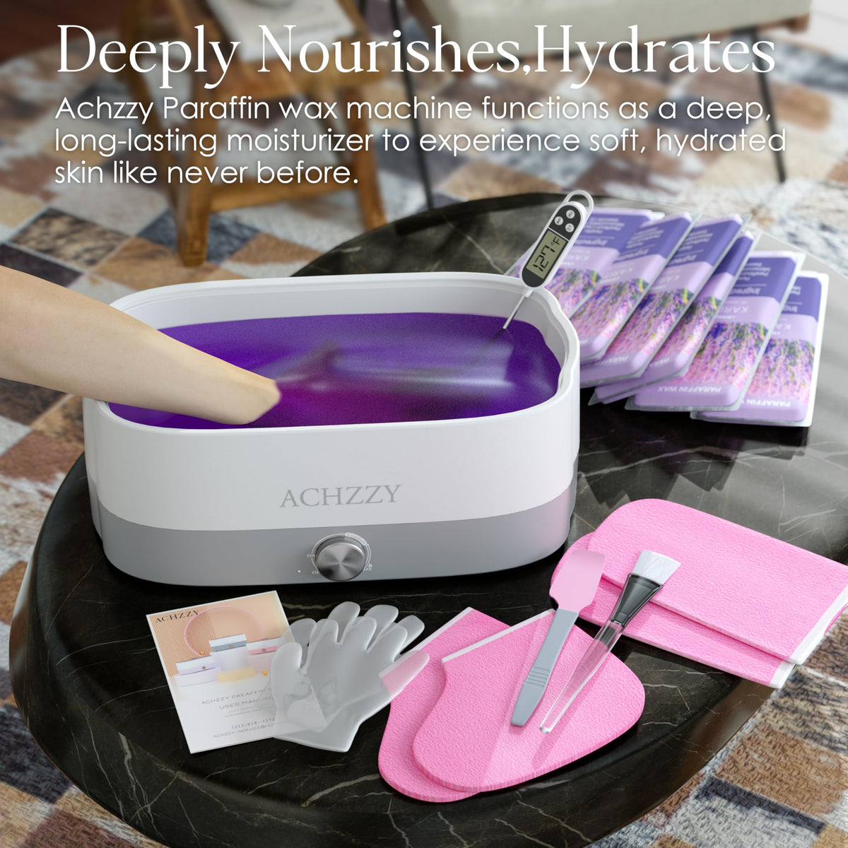 Achzzy demonstrative image of hands dipping into warm wax for moisturizing benefits