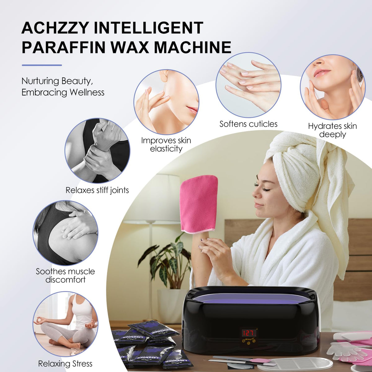 Achzzy hands dipped into paraffin bath illustrating deep moisturizing treatment