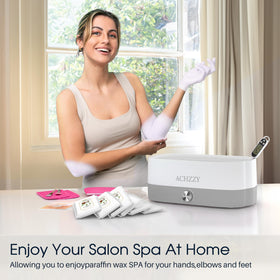 Achzzy paraffin blocks staged in a calm spa setting with coconut accents for relaxing home treatments