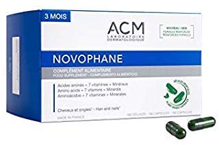 ACM Novophane front packaging showing capsules and benefits for stronger hair and nails