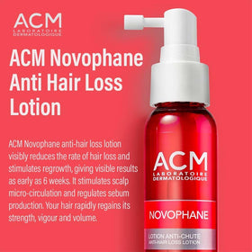 ACM Novophane lotion nozzle close-up applying to scalp, precise targeted application and control