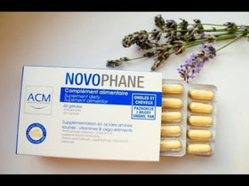 ACM Novophane bottle next to a ruler showing size and 60-capsule count