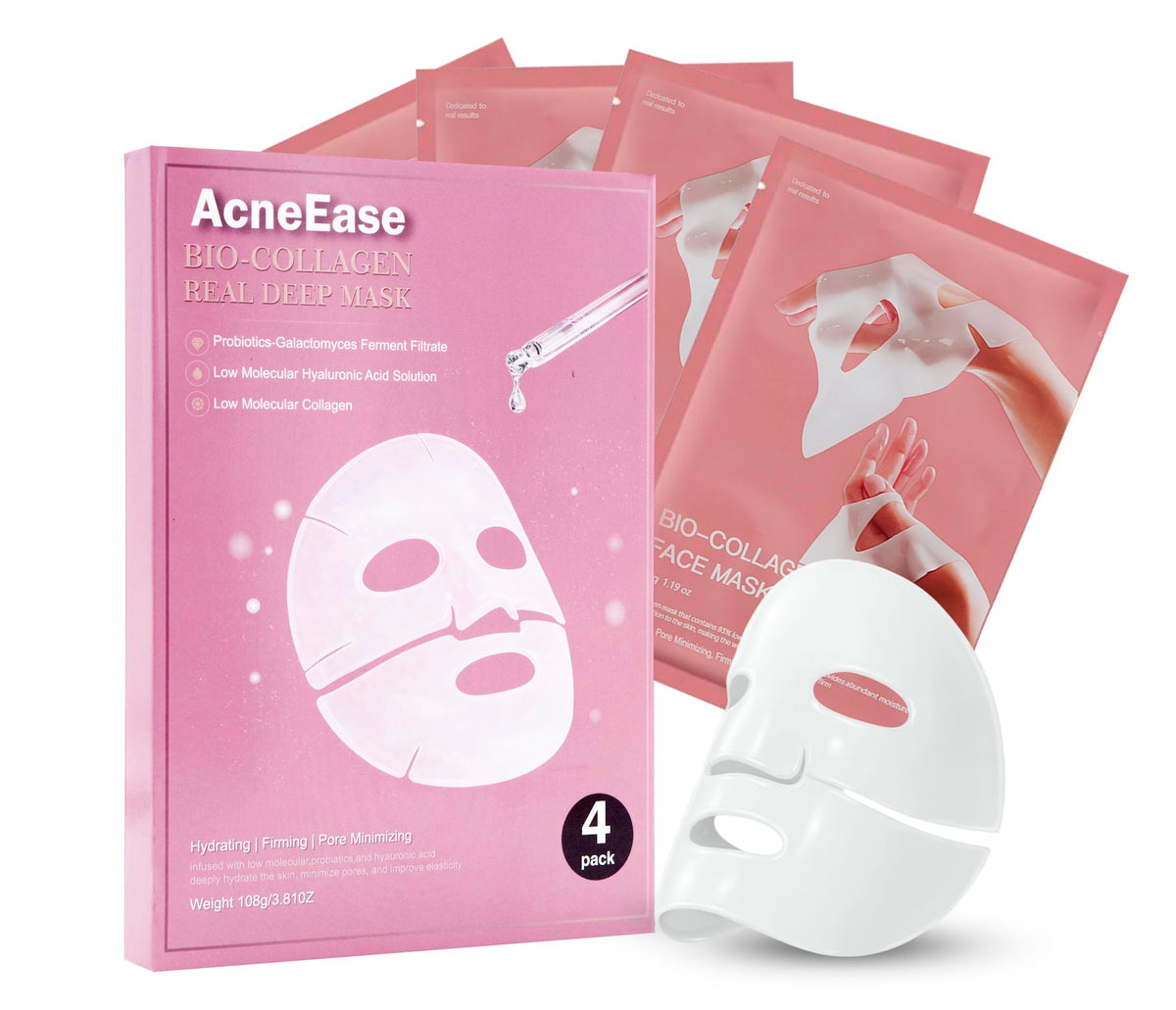 AcneEase front packaging showing four hydrogel mask boxes and benefits