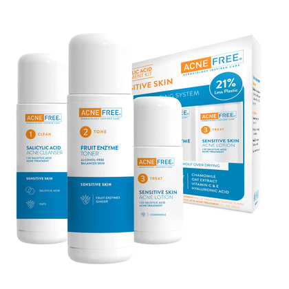 AcneFree front packaging 3-step kit showing complete regimen and quick benefits