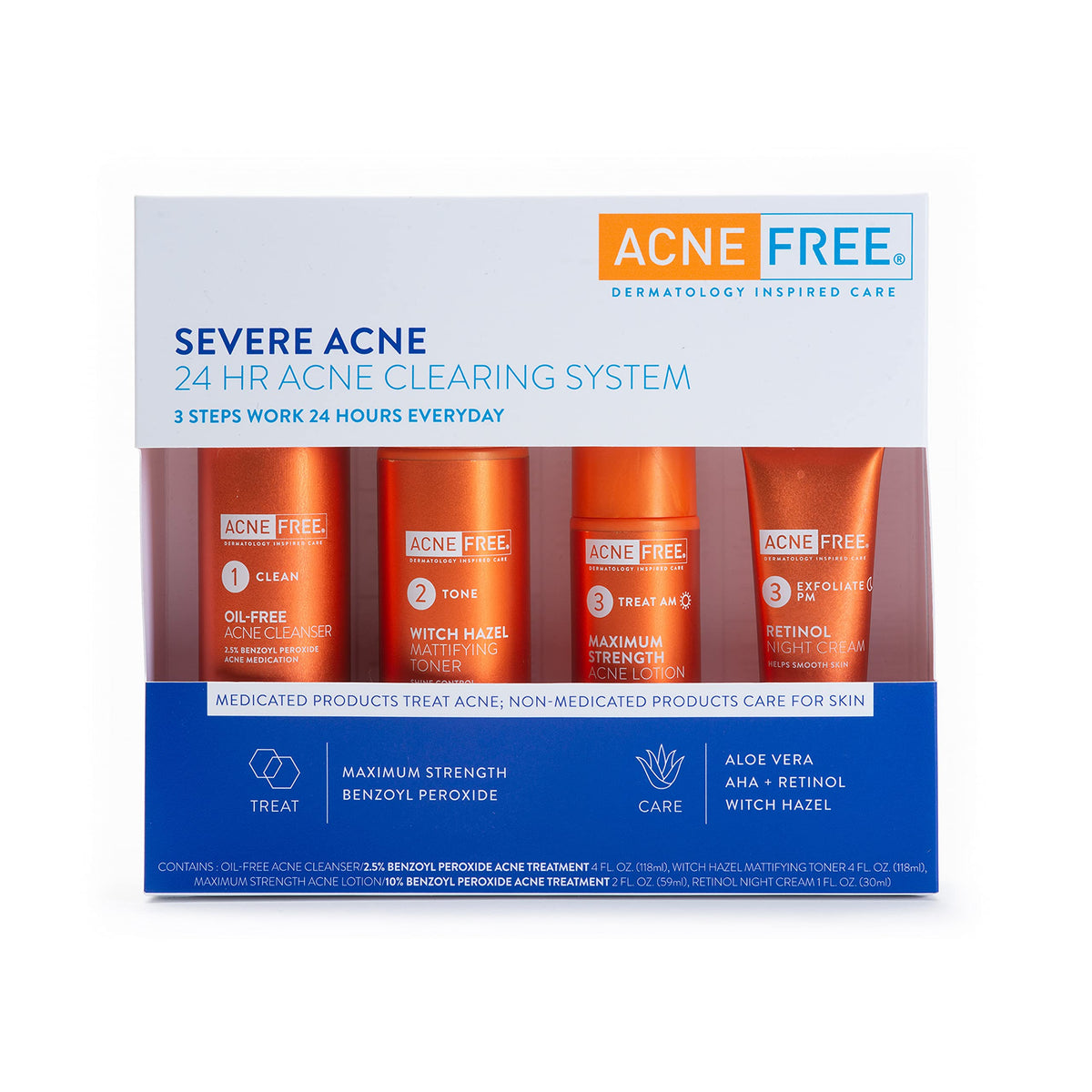 AcneFree front packaging of the complete severe acne 4-step kit showing convenience