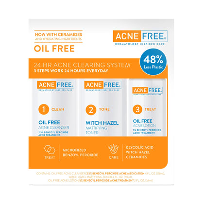 AcneFree front packaging showing the three-step kit and clear benefits