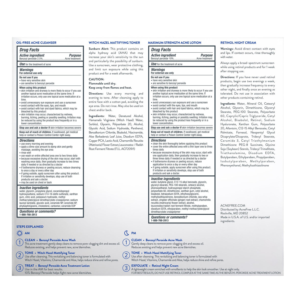 AcneFree close-up of ingredient icons and list communicating active benefits