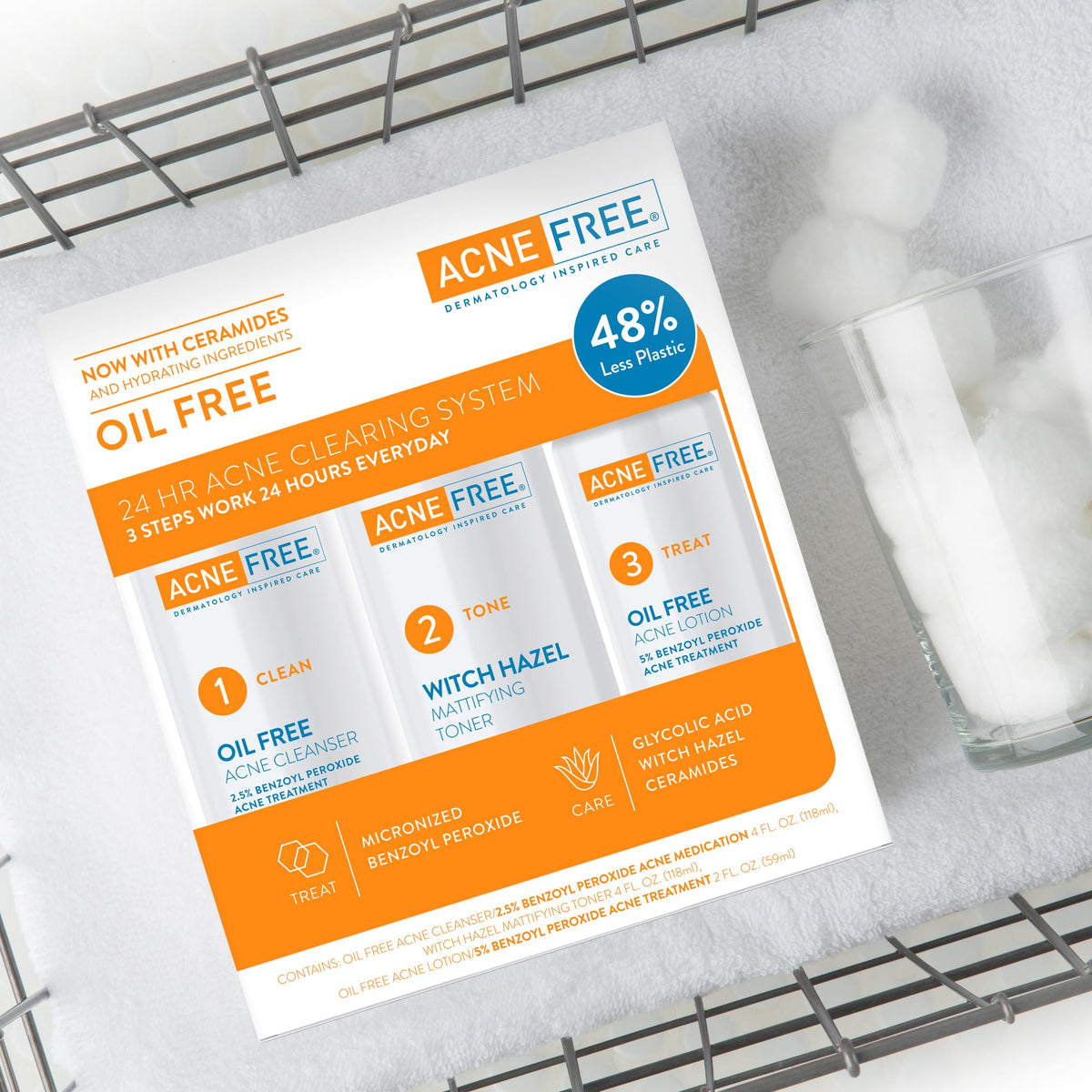 AcneFree three products lined up showing full daily regimen