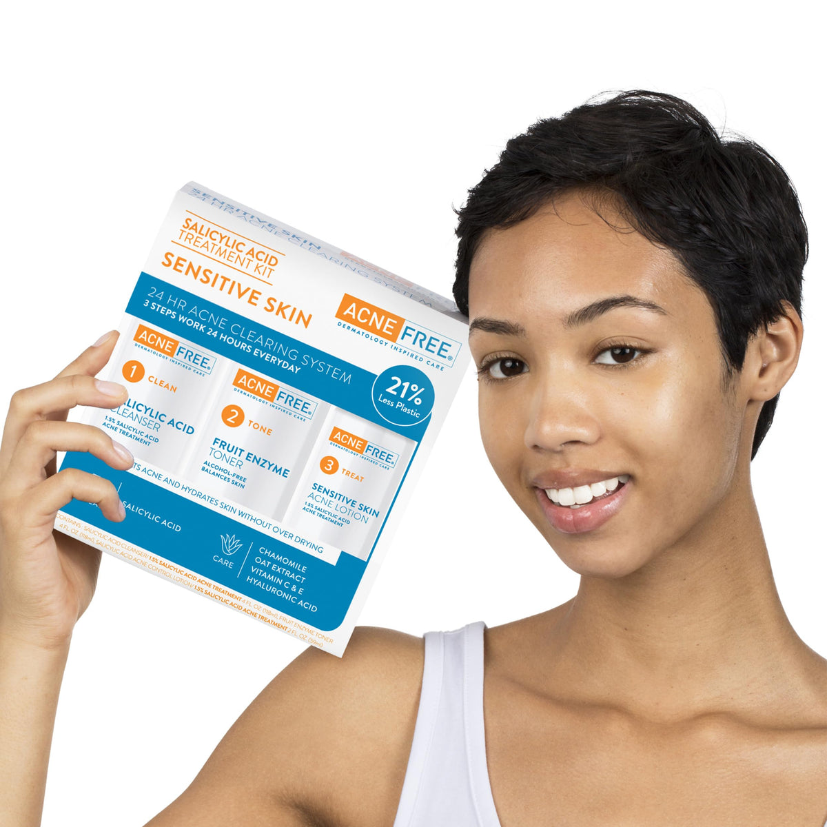 AcneFree toner label detail showing alcohol-free formula and calming enzymes