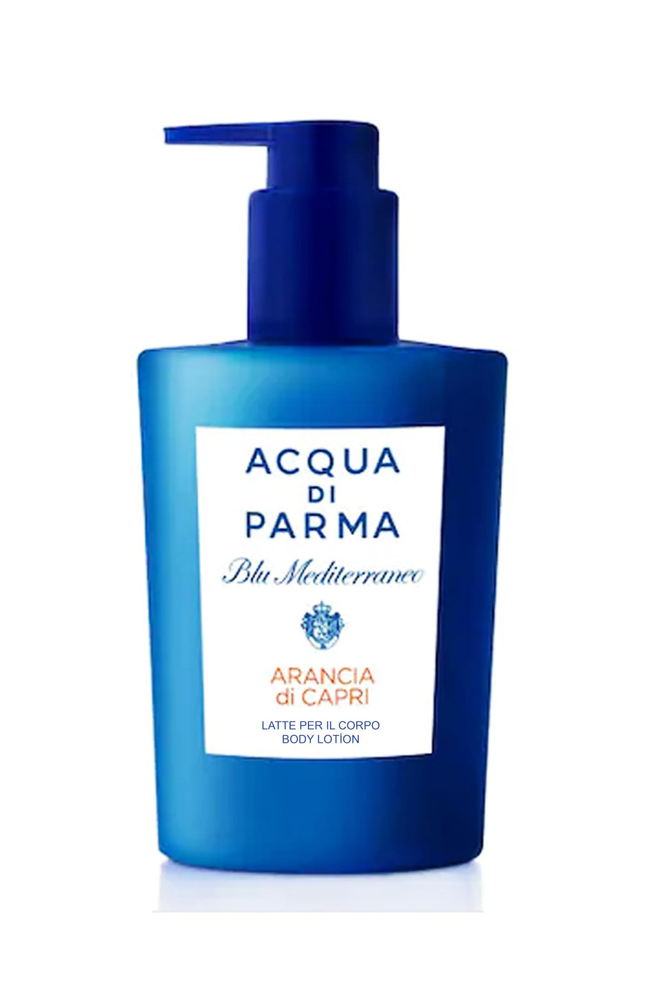 Acqua Di Parma Blu Mediterraneo front packaging showing pump and elegant benefit of easy application