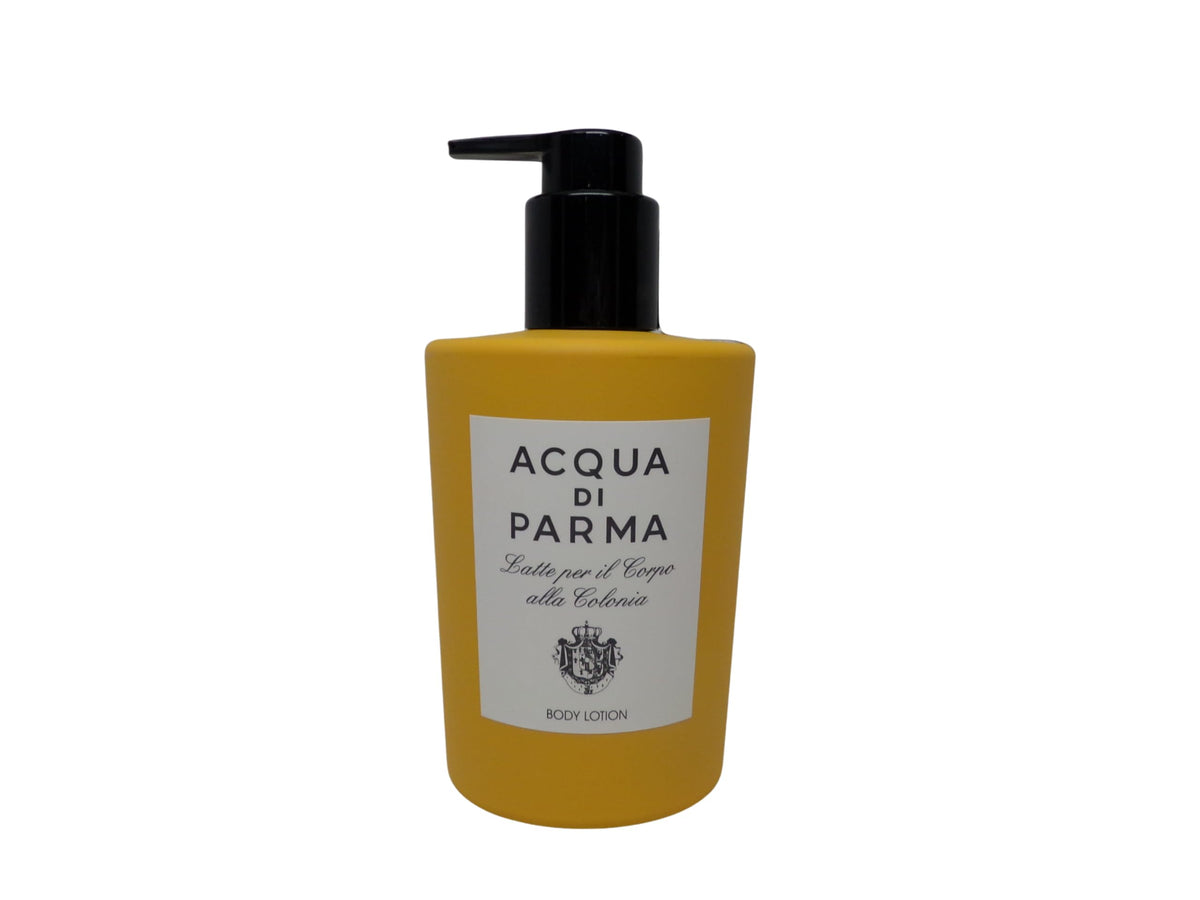 Acqua Di Parma Colonia lotion bottle front view showing pump and elegant label, conveys luxury