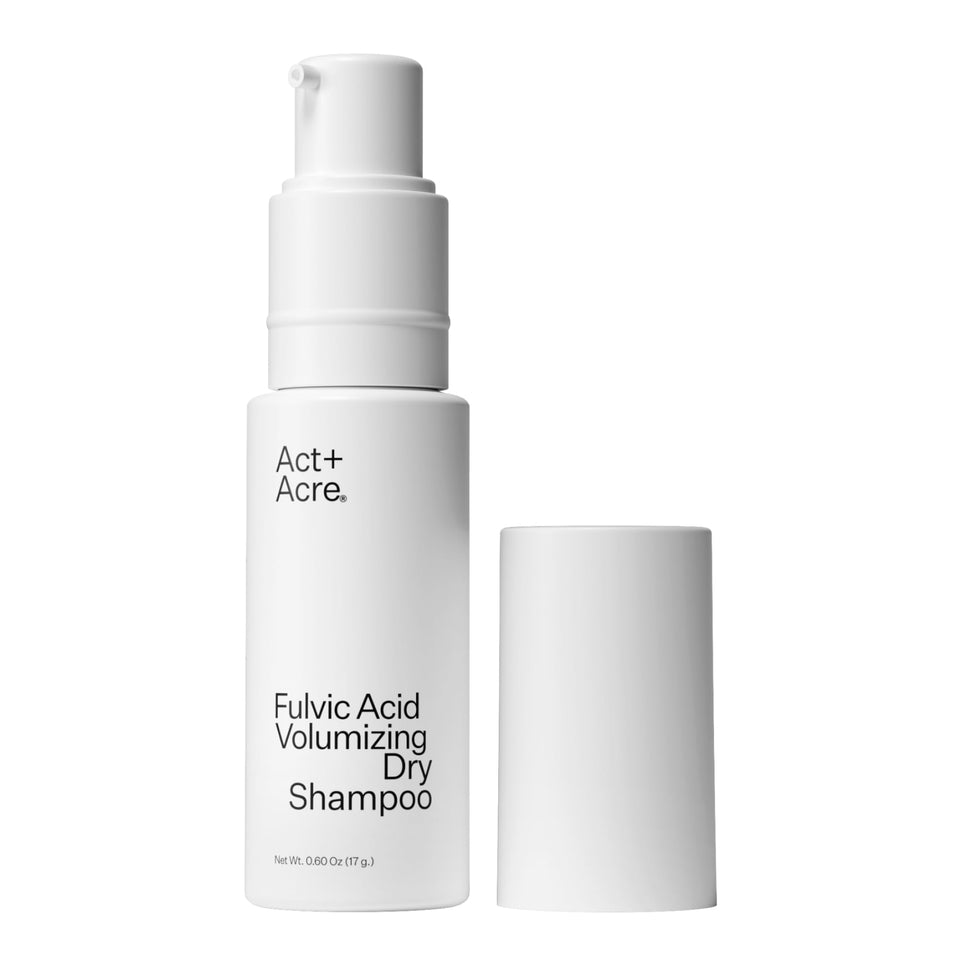 Act+Acre front packaging showing unscented powder and clean branding benefit: easy oil absorption