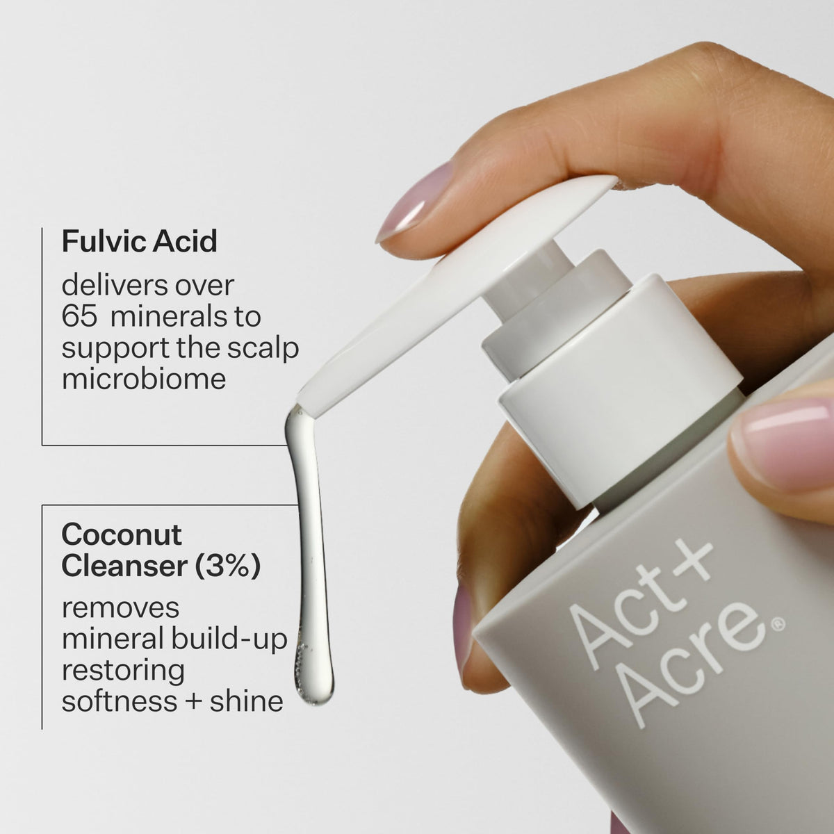 ACT+ ACRE bottle next to hand for scale showing compact travel‑friendly size