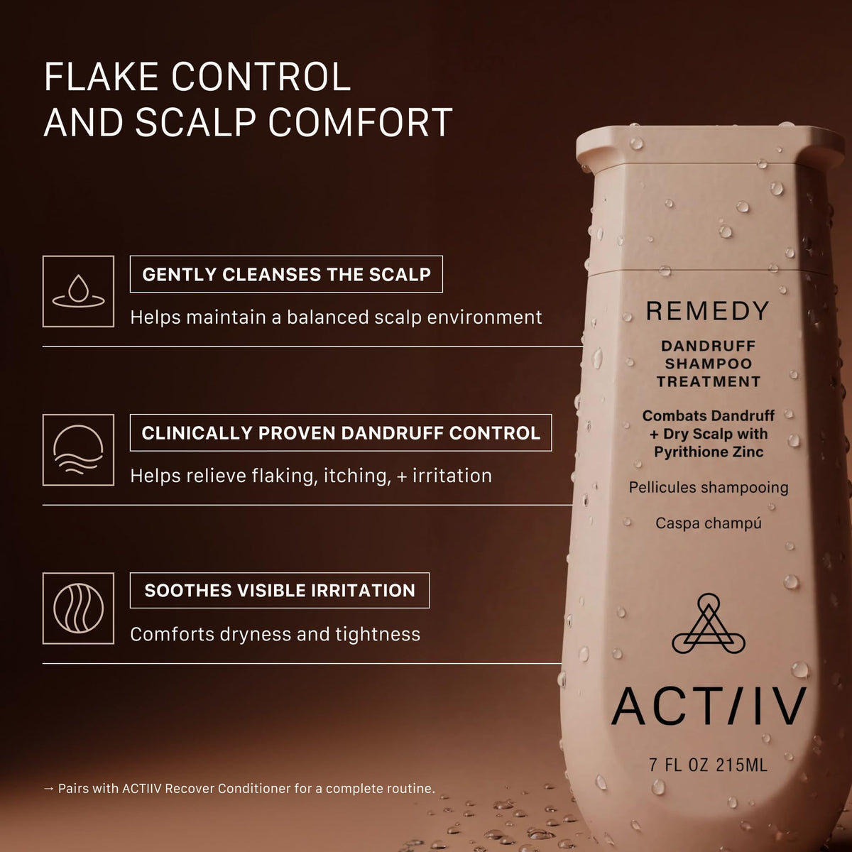 ACTIIV shampoo being dispensed from bottle into palm for easy use
