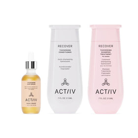 ACTIIV trio front packaging showing shampoo conditioner serum benefits