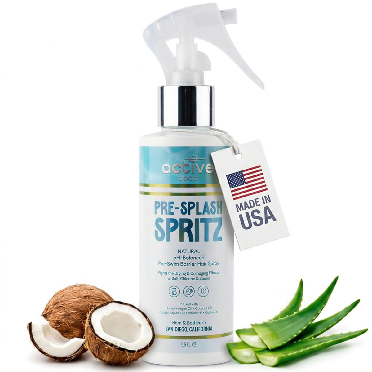 Active COCO front packaging showing bottle and coconut scent benefit