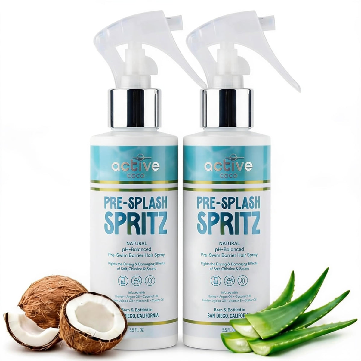Active COCO front packaging shows bottle and coconut scent benefits