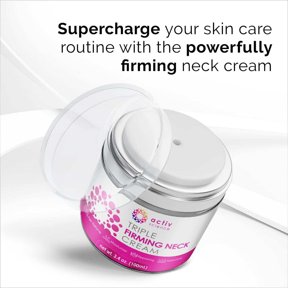 ACTIVSCIENCE cream beside a ruler for size comparison and 3.4oz portion clarity