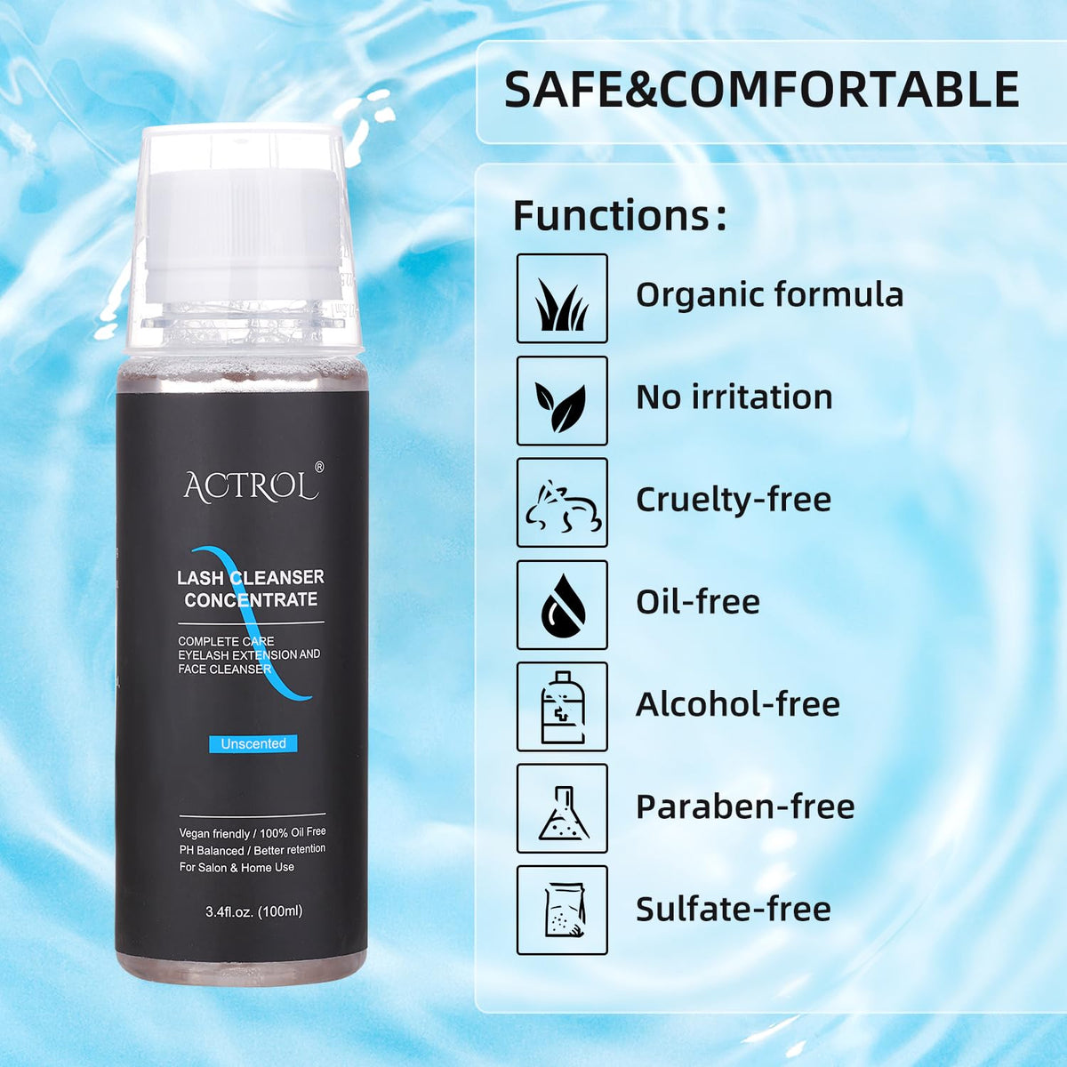 ACTROL hand holding foamy diluted lash cleanser to show gentle foam ideal for extension cleaning