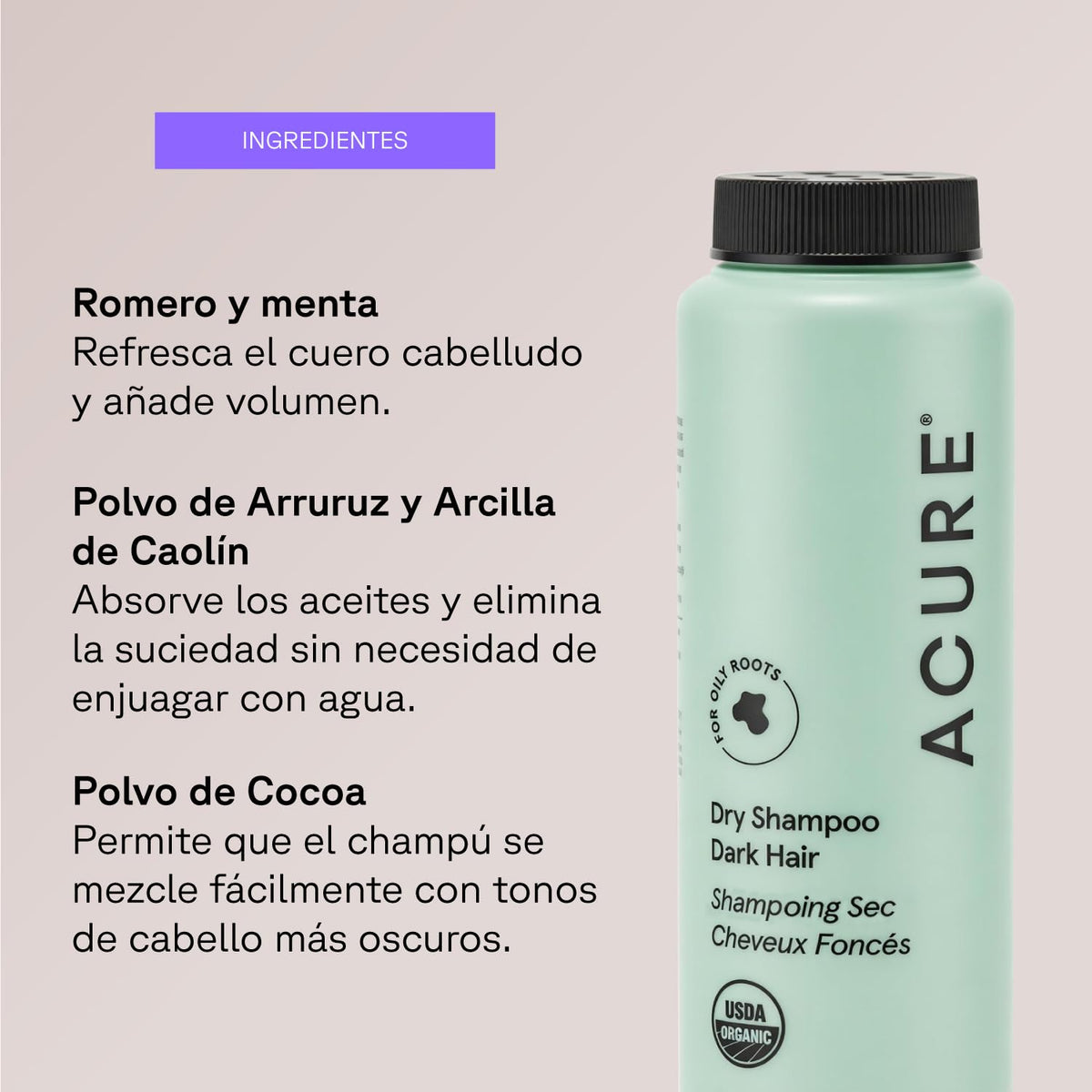 Acure close-up showing brunette-tinted powder blending benefit for dark hair
