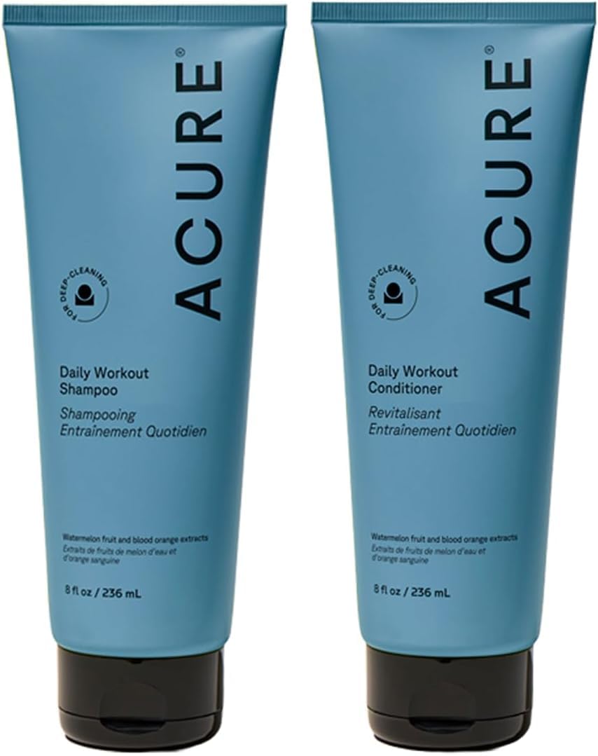 Acure front packaging showing daily workout duo for fresh post-exercise hair
