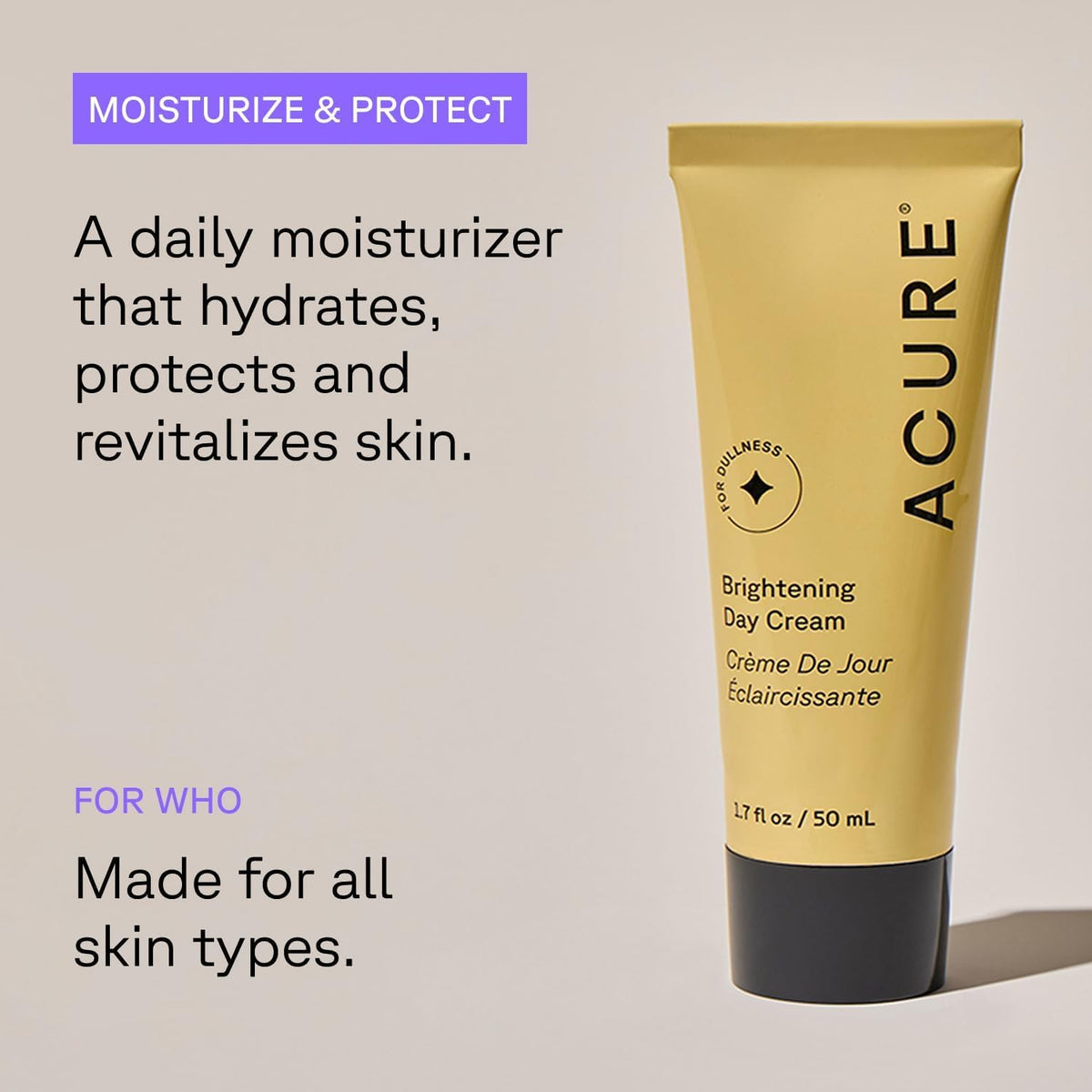 Acure day cream shown in hand for size and travel-friendly benefit