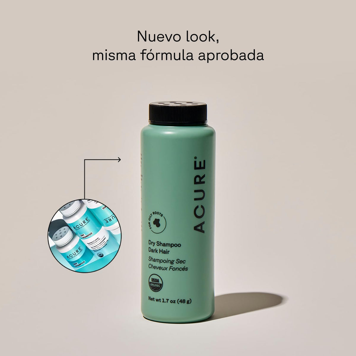 Acure open dry shampoo powder top view highlighting fine texture and easy application
