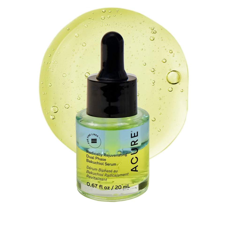 Acure bottle front view showing label and dual-phase design for easy identification and care