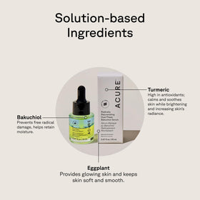 Turmeric and eggplant botanicals beside Acure bottle highlighting natural antioxidant ingredients