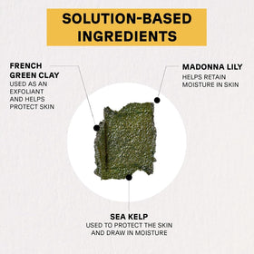 Acure label closeup highlighting sea kelp and French green clay ingredients