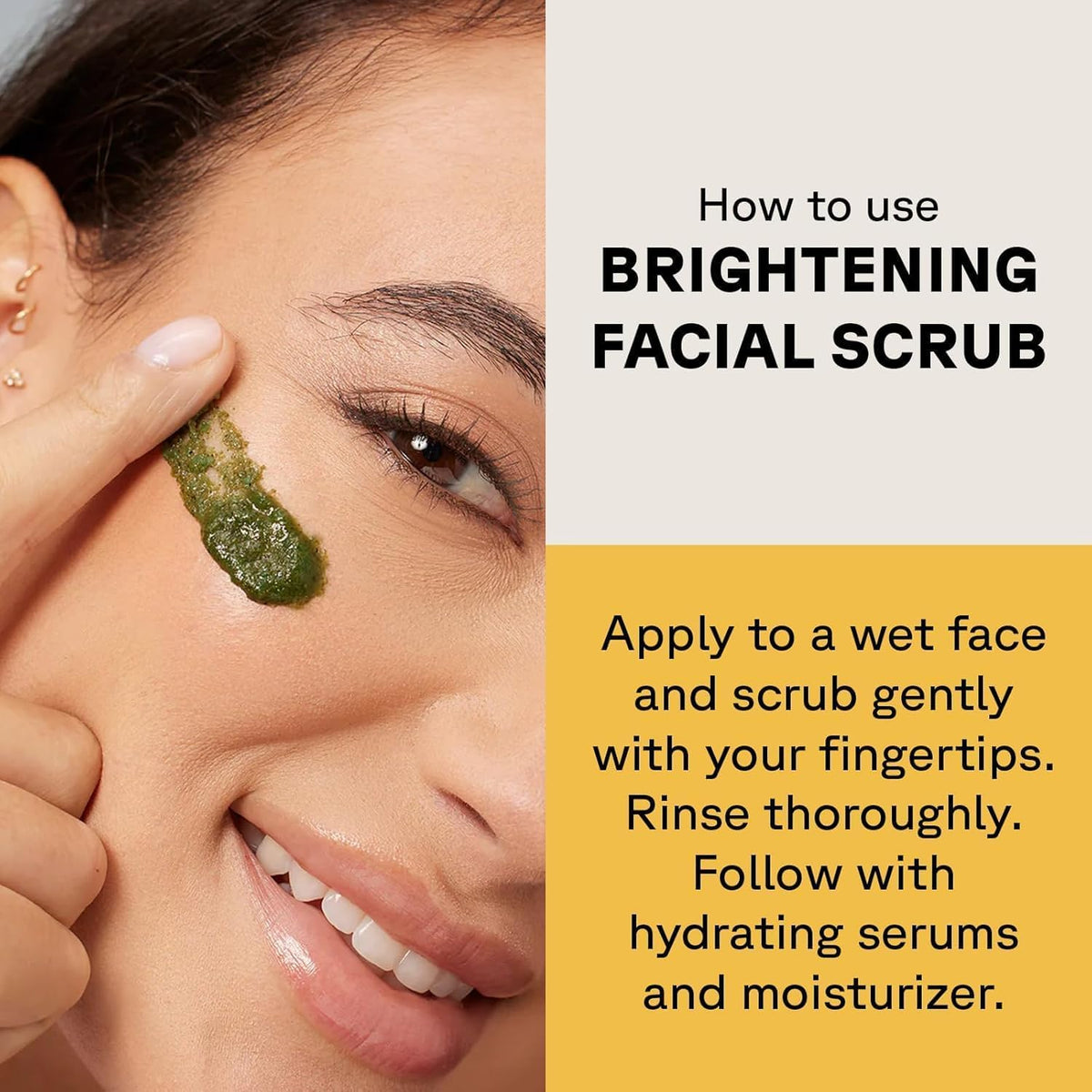 Acure scrub applied to face showing gentle exfoliation and renewal