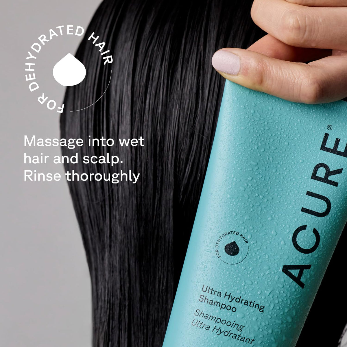 Acure size scale with hand comparing bottle dimension and travel-friendly benefit