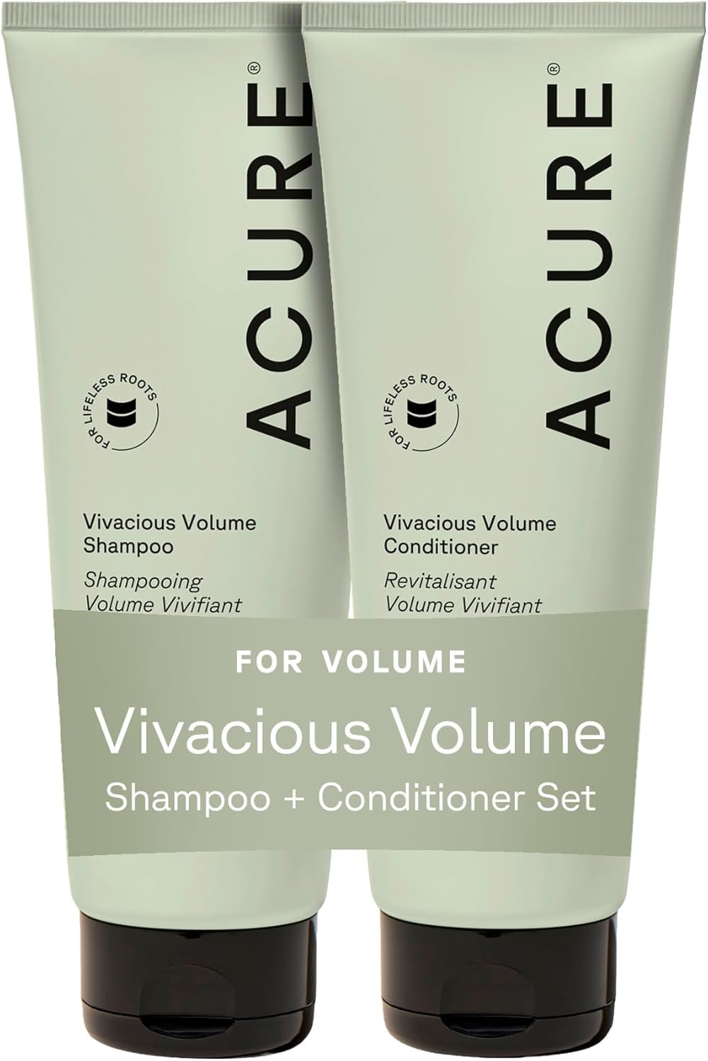 Acure bottle front packaging showing volumizing set and benefits