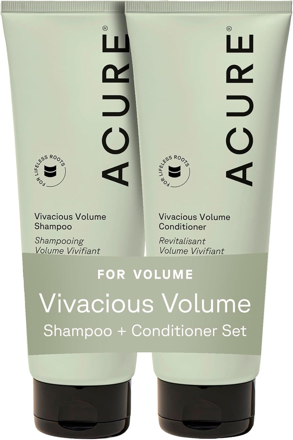 Acure bottle front packaging showing volumizing set and benefits