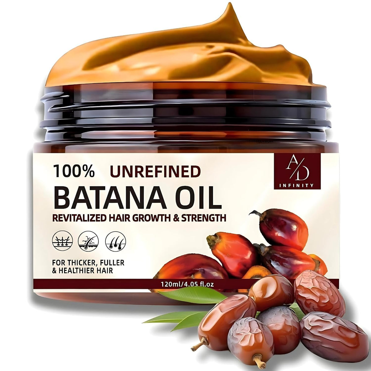A/D Infinity front bottle showing Batana oil label and size benefit clarity